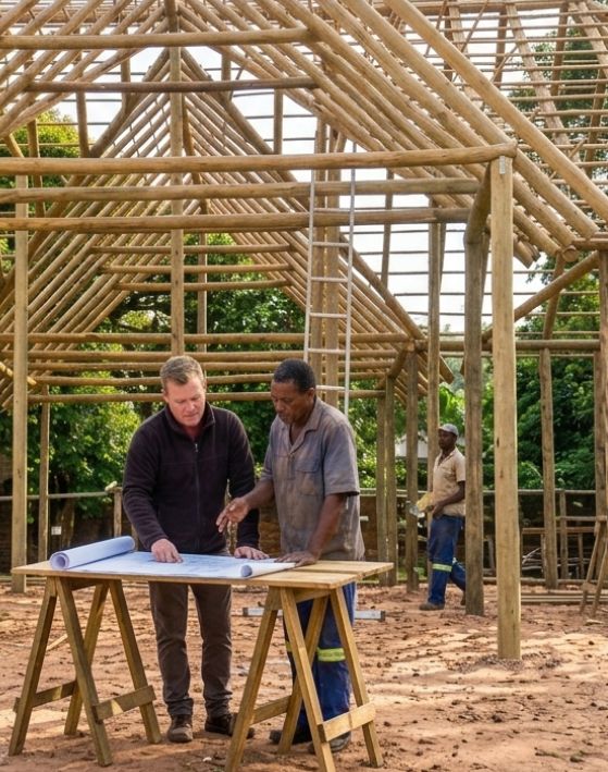Thatch Africa construction team assembling a custom heavy timber roof frame structure on-site under SANS safety compliance.