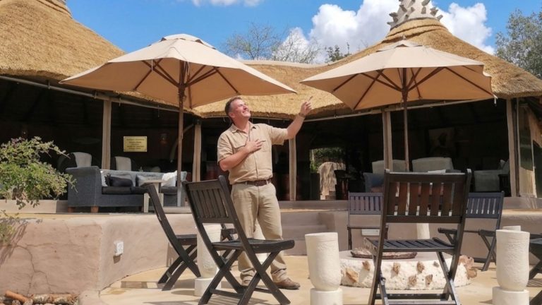 Home A finished luxury outdoor entertainment patio featuring custom thatch umbrellas and premium timber roof construction under a clear blue sky.