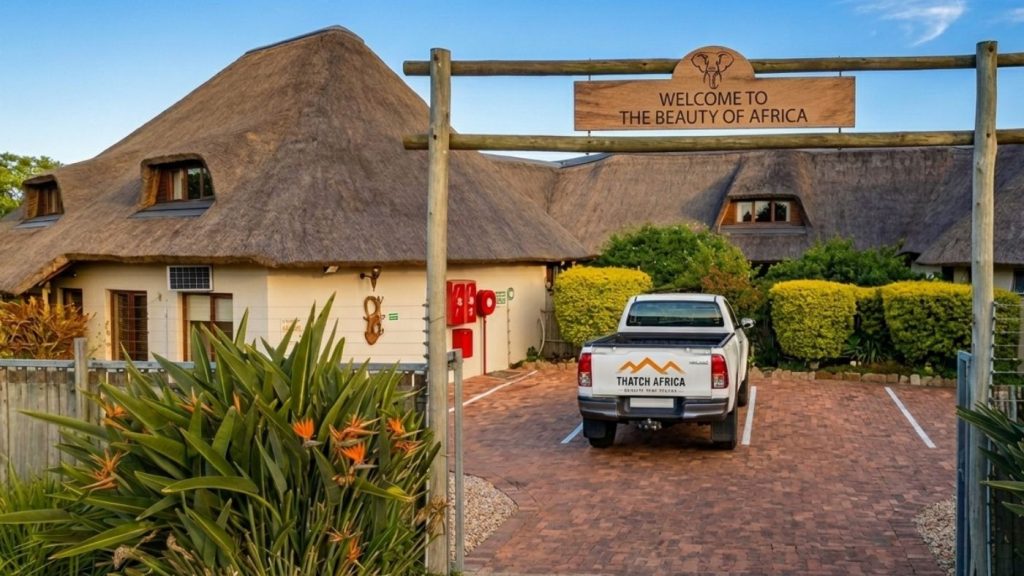 Choosing a Thatching Contractor Thatch Africa branded vehicle parked outside a completed commercial thatched roof installation.