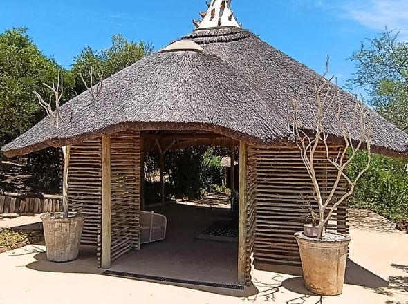 Projects A high-density thatched safari boma structure featuring slatted wooden screens and decorative potted plants in a bushveld lodge setting.