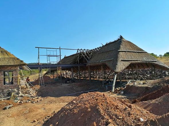 Projects Safari resort main building under construction showing the structural timber pole framing and the initial layers of thatch installation